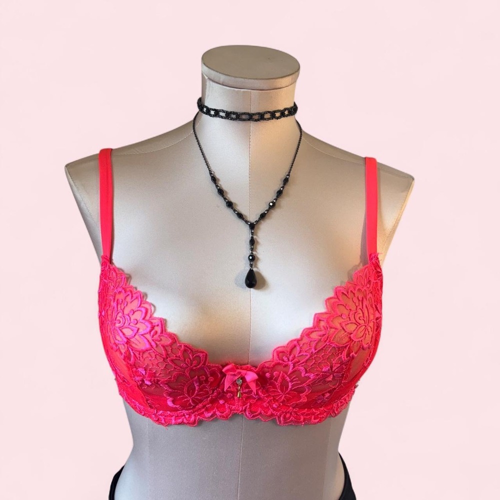 La Vie en Rose Hot Pink Lace Floral Embroidery Plunge Bra 32D Y2K Coquette